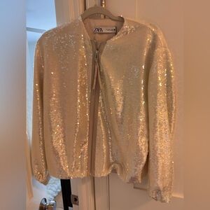Zara Iridescent Cream Sequin Bomber Jacket